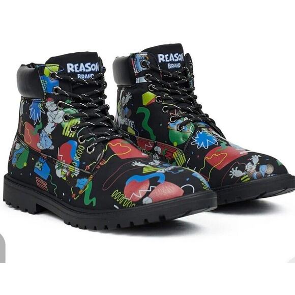 Popeye X Reason Collab Faux Suede Graffiti Print Boots Black Mens 10.5 - Picture 8 of 8